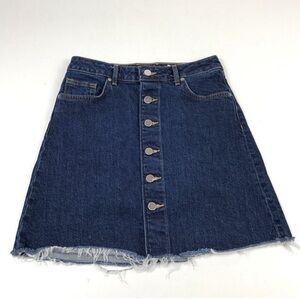 H&M Dark Wash Stretch Button-Front Frayed Hem Denim Skirt